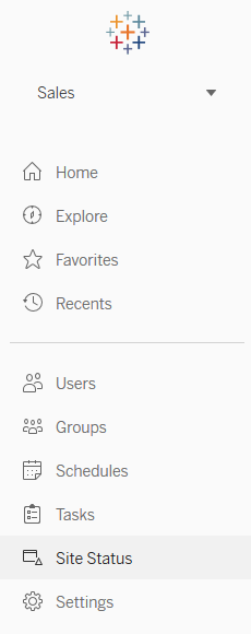 A menu with options for Home, Explore, Favorites, Recents, Users, Groups, Schedules, Tasks, Server Status, and Settings.