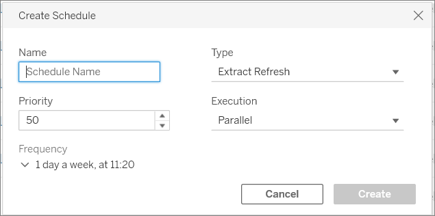 A create schedule dialog box with site status, analysis, and settings. A list of site status options includes backgrounder dashboard, stats for unused content, and login-based license usage.