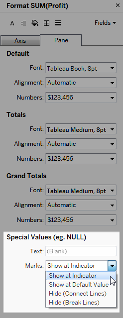 Formatting pane with options on how to show null values.