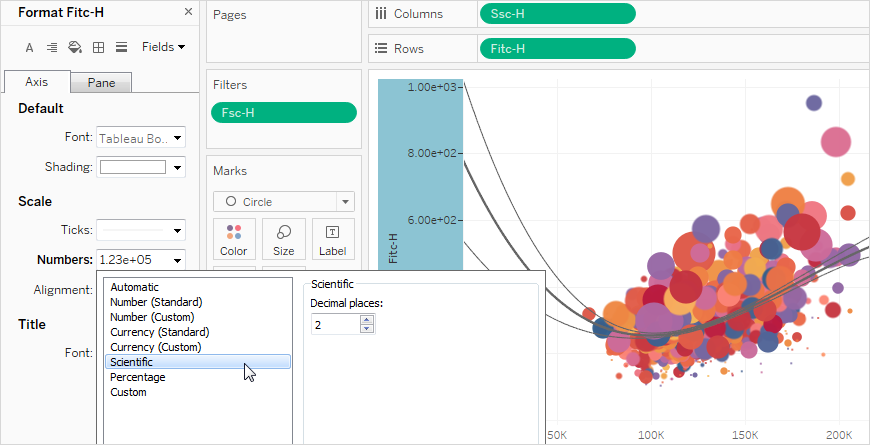 Formatting pane with options to select how many decimal points for scientific numbers.