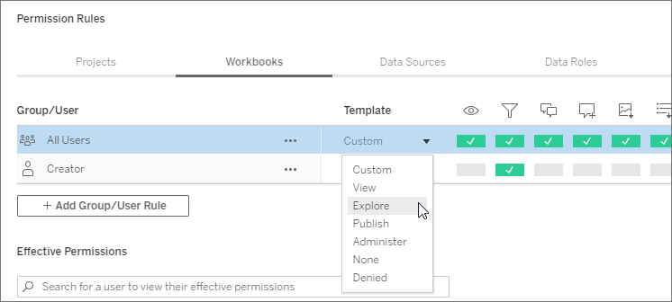 Permission rules window with the Explore option selected from the Custom template menu.