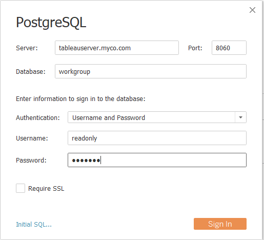 A PostgreSQL login screen with fields for server, port, database, username, and password.