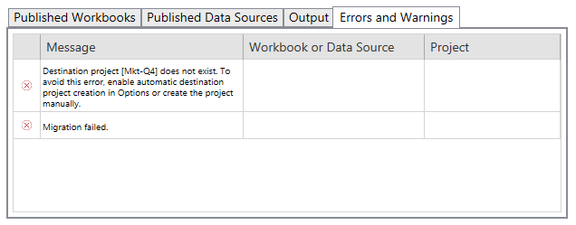 A table of errors and warnings, complete with messages, workbooks or data sources, and projects.