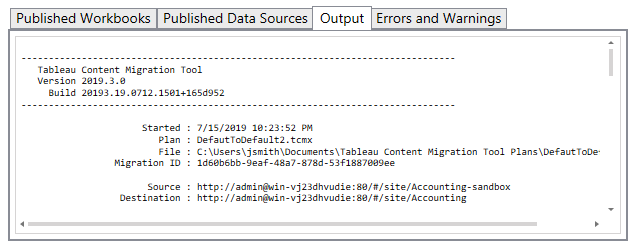 Information about a Tableau Content Migration Tool run.