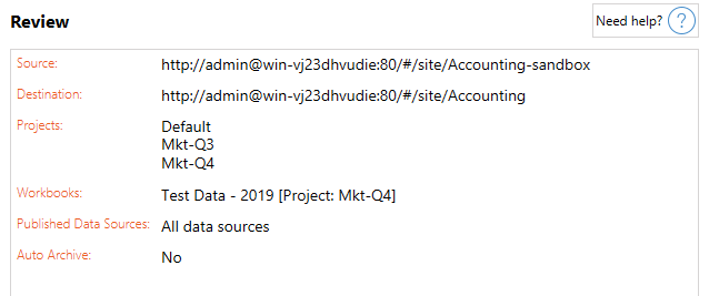 Review plan summary with a list of data sources detailing the review's source, destination, projects, workbooks, published data sources, and auto-archive.