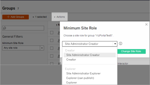 A dropdown menu with options to change a site role for a group.