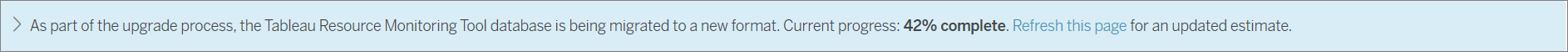 The Tableau Resource Monitoring Tool database showing that migration is 42% complete.