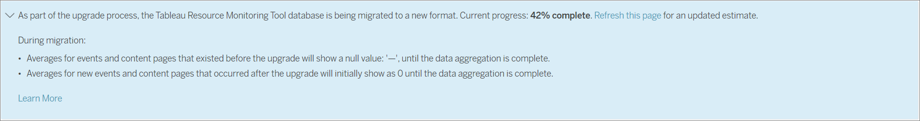 The Tableau Resource Monitoring Tool database showing that migration is 42% complete, with expanded details.