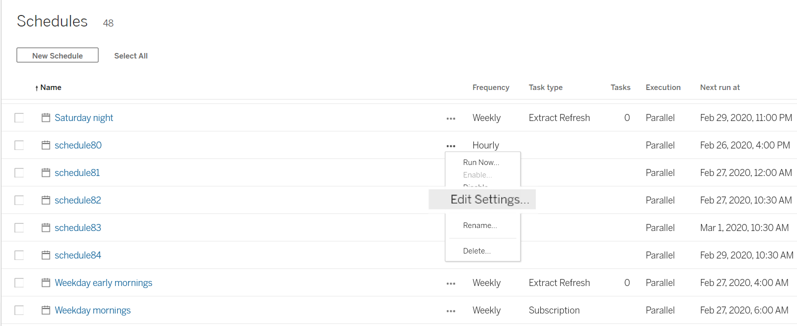 A list of scheduled extract refreshes with option to edit settings, run now, rename, or delete.