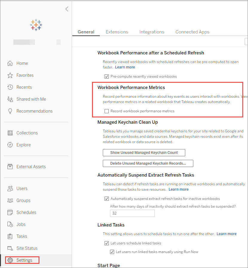 Workbook performance metrics page.