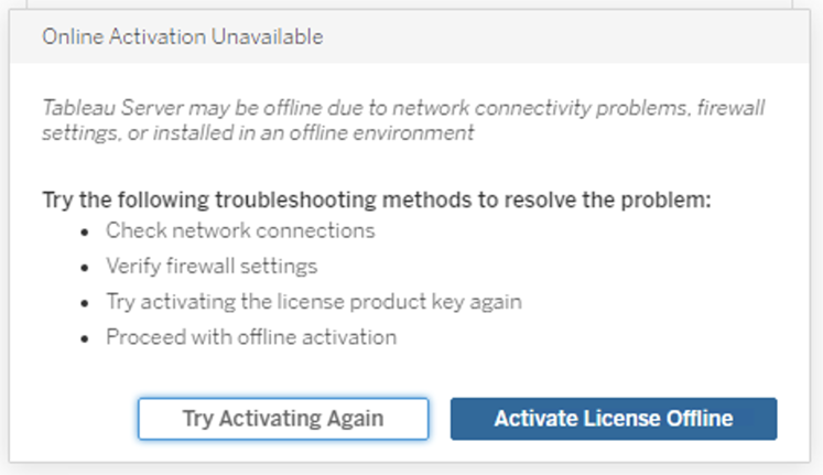 A dialog box that states online activation is not available and offers troubleshooting methods.
