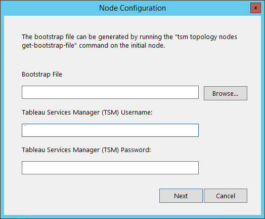 A configuration window with blank fields for Bootstrap File, TSM Username, and TSM Password.