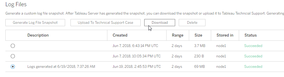 A table with generated log files and options to Generate, Download, Upload, or Delete log files.