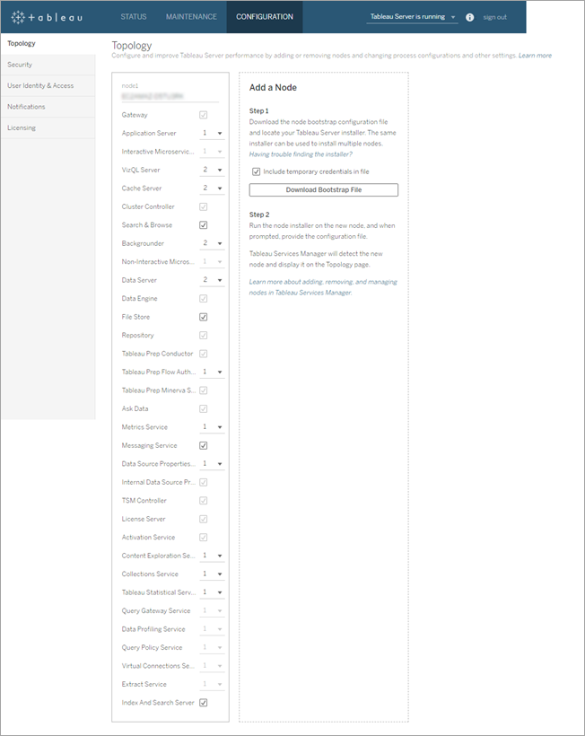 A list of processes and the number of instances in a Tableau Server deployment.