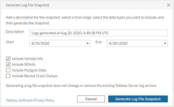 A dialog box with form fields to generate a snapshot of log files.