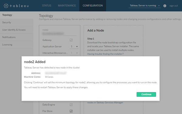 Message indicating that a new node was added to a cluster in Tableau Server.