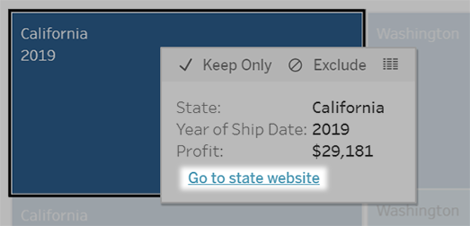A URL action run from a tooltip menu. The link reflects the action name, not the target URL.