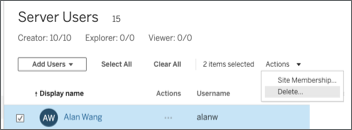 Form to delete users on Tableau Server.