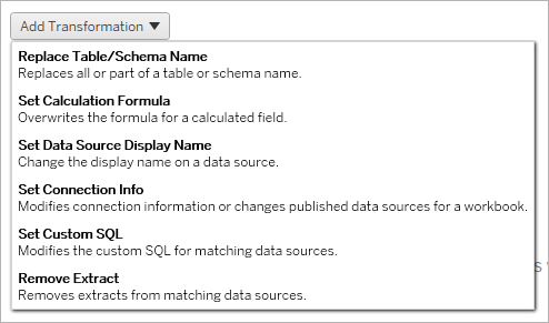 Lista de transformaciones de fuentes de datos, incluido el reemplazo de nombres de tablas y ajustes de configuración de SQL.