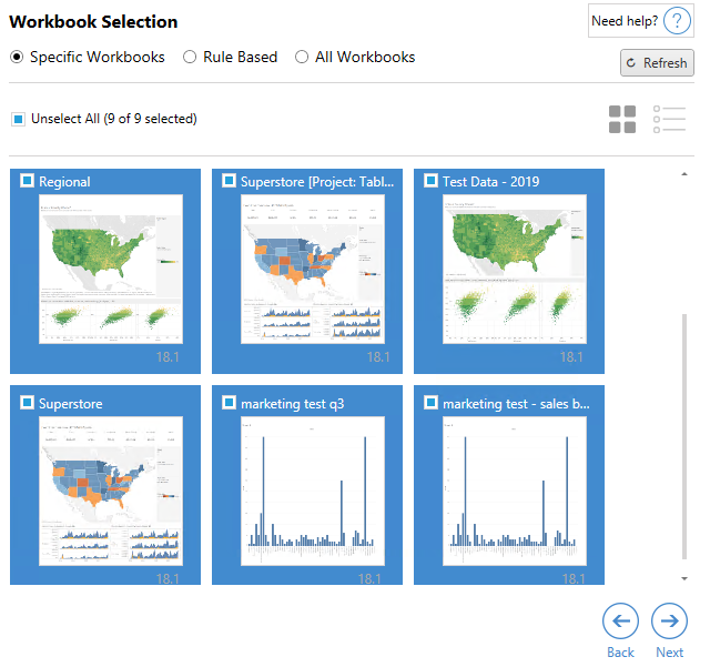 Ventana de selección de libros de trabajo con la opción de libros de trabajo específicos seleccionada y seis vistas previas de las visualizaciones seleccionadas mostradas.
