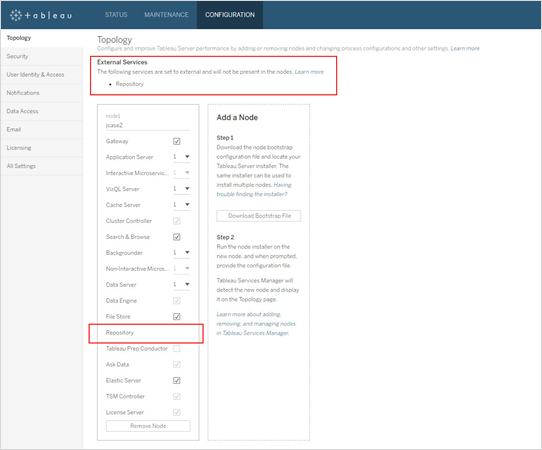 Pagina di configurazione in Tableau Server con un elenco di servizi esterni.