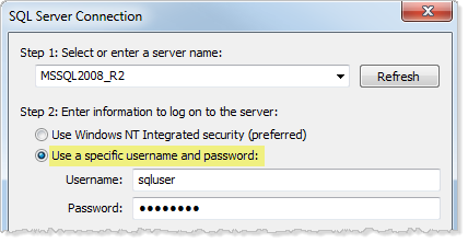 Janela de configuração de conexão do SQL Server com a opção de fazer logon no servidor usando um nome de usuário e senha específicos selecionados.