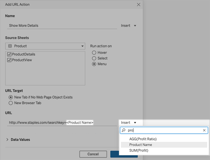 A window with fields to add a new URL action.