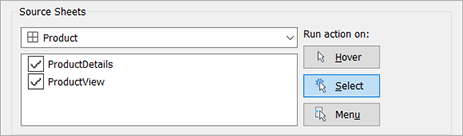 A menu for choosing source sheets and selecting an action.
