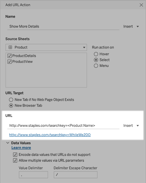 A form for adding a URL action with a hyperlinked example.