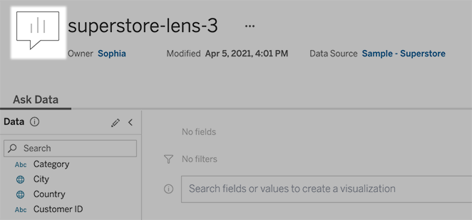 データ レンズ アイコンが強調表示されたスーパー ストアのダッシュボード。