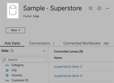Super Store-dashboard met het pictogram Databron gemarkeerd.