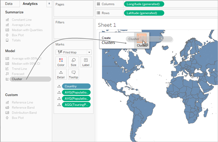 A diagram illustrating how to drag the Cluster model from the Analytics pane onto a filled map to create clusters.