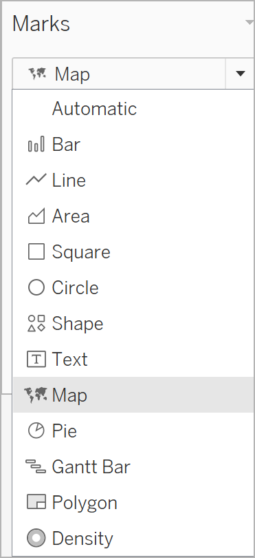 dropdown menu in the Marks card expanded to show various chart type options, with map selected.