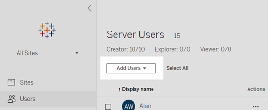 在 Tableau Server 上添加用户的选项。