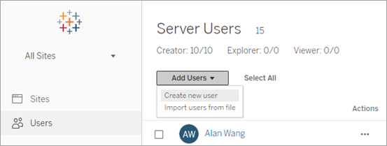 在 Tableau Server 上添加用户的选项。