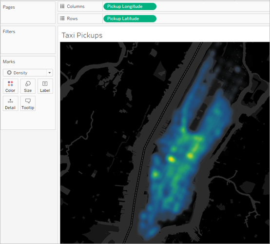 Un mapa de calor que muestra las ubicaciones de recogida de taxis en la ciudad de Nueva York.