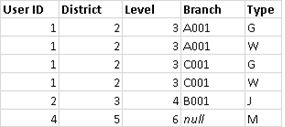 A table displaying user IDs, districts, levels, branches, and types.