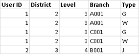 A table displaying user IDs, districts, levels, branches, and types.