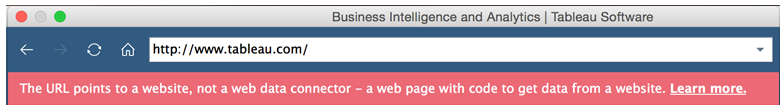 Error message that reads "The URL points to a website, not a web data connector – a web page with code to get data from a website" with a link to learn more.