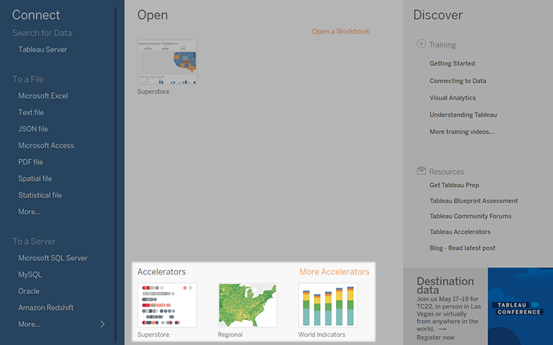 連線頁面上提供的 Tableau 加速器。