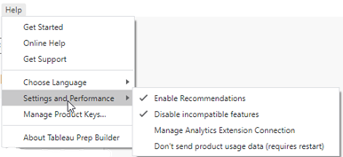 設定和效能子功能表,顯示選擇不共用產品使用情況資料的選項。
