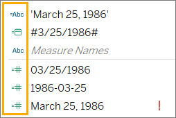 다양한 날짜 형식 아이콘이 하이라이트된 데이터 패널입니다.