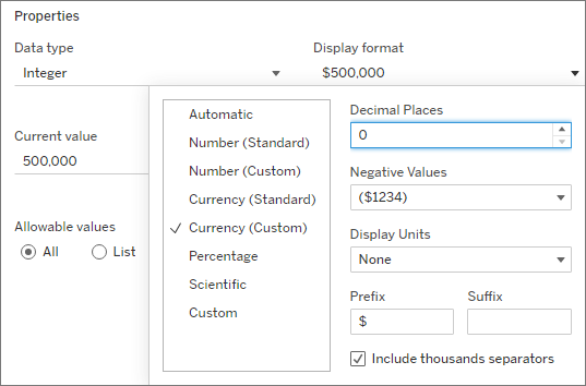 Properties window for customizing the display format of numeric data.