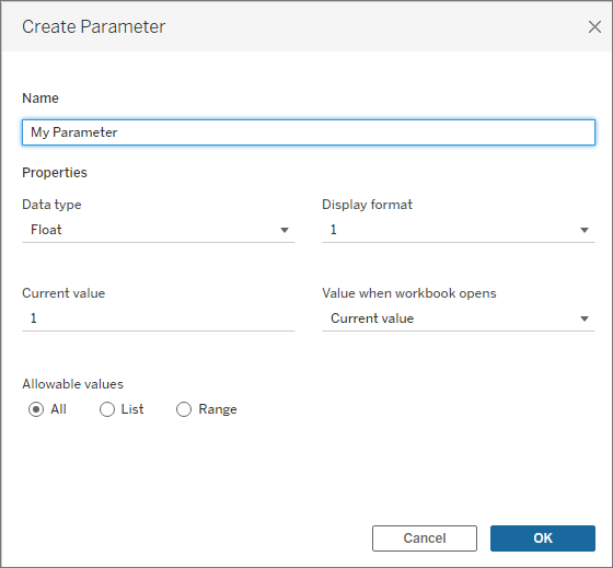Create Parameter window with fields for name, data type, current value, allowable values, and display format.