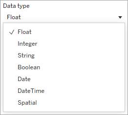 Properties window for customizing data types, with the Data type dropdown menu expanded and the integer option selected.
