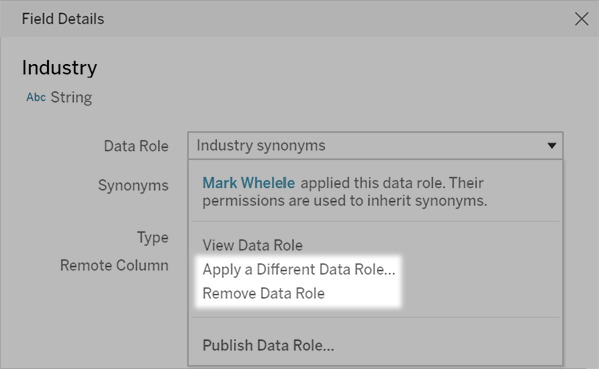 A window displaying data role details for the Industry field.