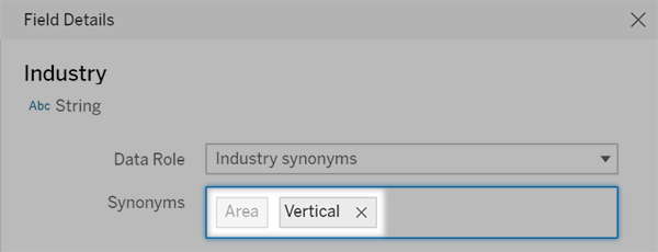 A field details window displaying synonyms for "industry."