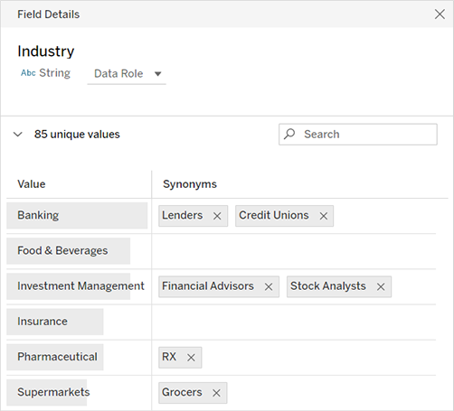 Industry field details window with 85 unique values expanded to show examples of industry values and their synonyms. For example, lenders and credit unions are shown as synonyms for the banking industry.
