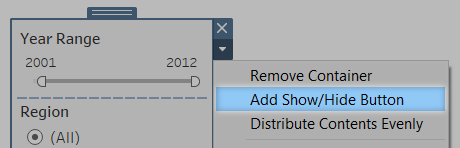 Dashboard container context menu with option ao Add Show/Hide Button.