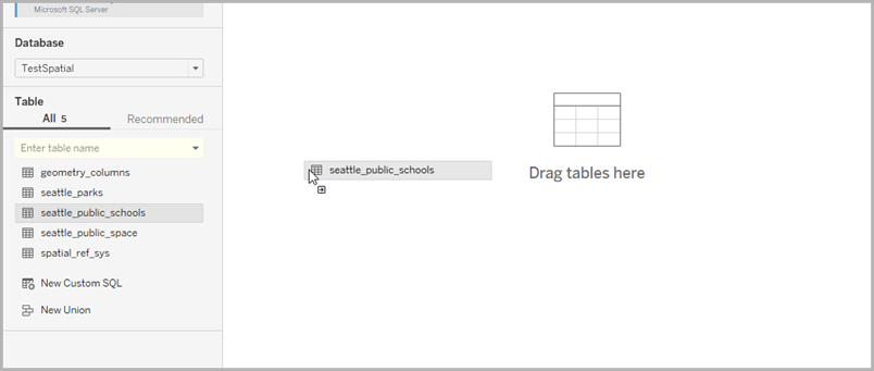 The Seattle Public Schools data source being dragged onto the Data Source canvas.